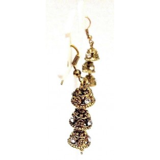 Golden Oxidized Earring Jhumka - Hook Dangle Drop Long Chandelier - Triple Decker